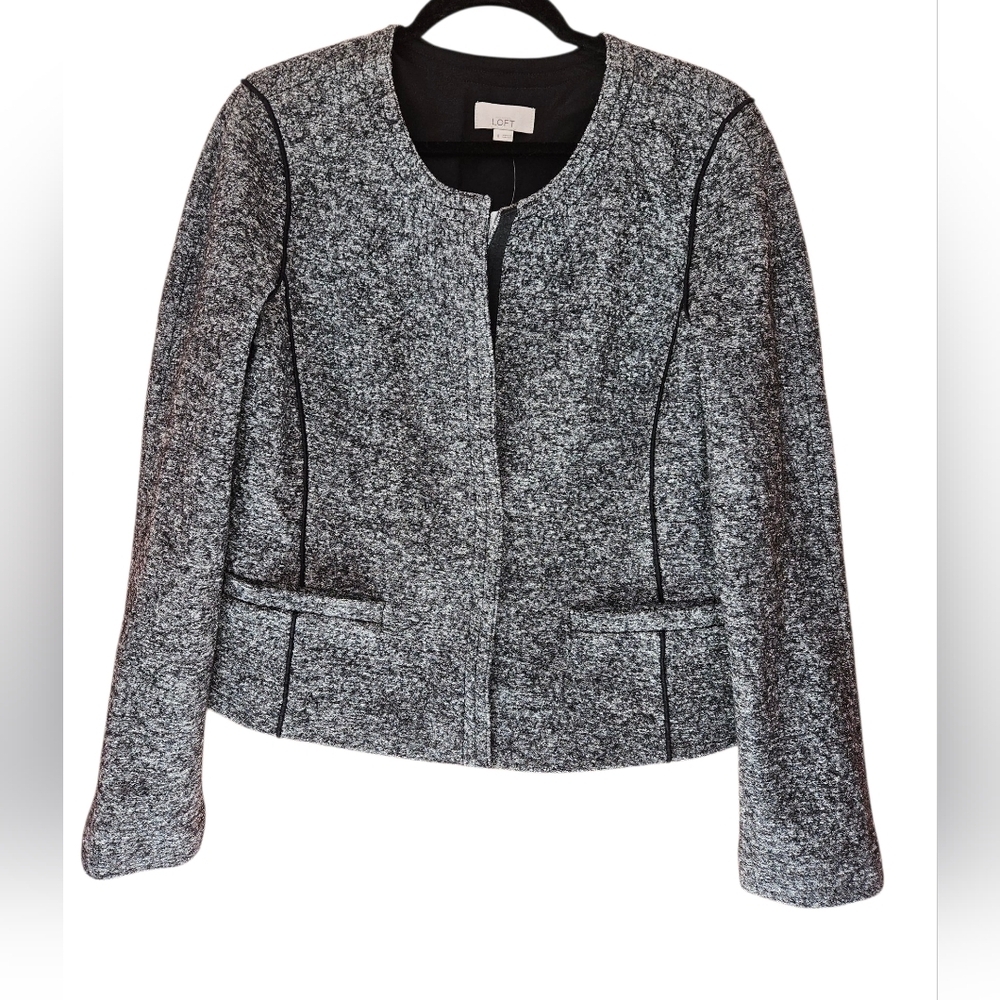 Ann Taylor LOFT Textured Knit Open Front Jacket, Size 8, Gray/Black, NWT